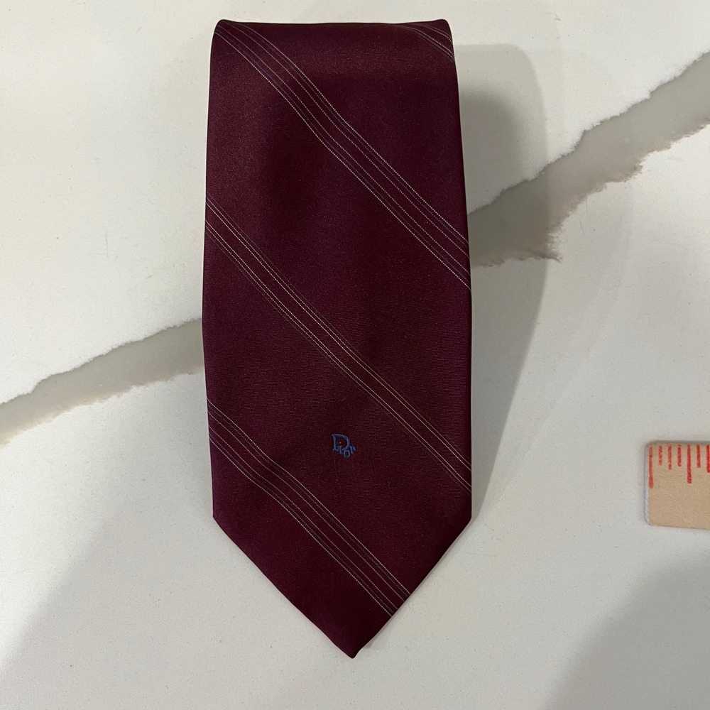 Christian Dior Monsieur Vintage Burgundy Striped Silk Blend Tie CD Logo USA Made